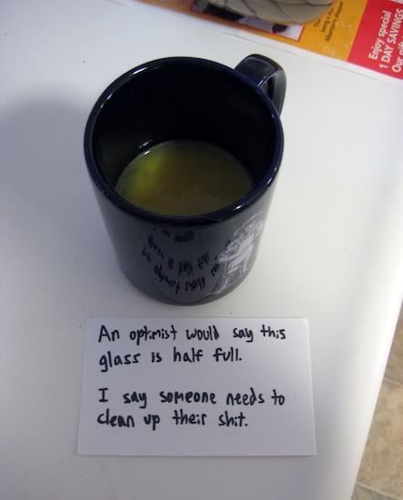 An optimist would say this glass is half full. I say someone needs to clean up their shit.